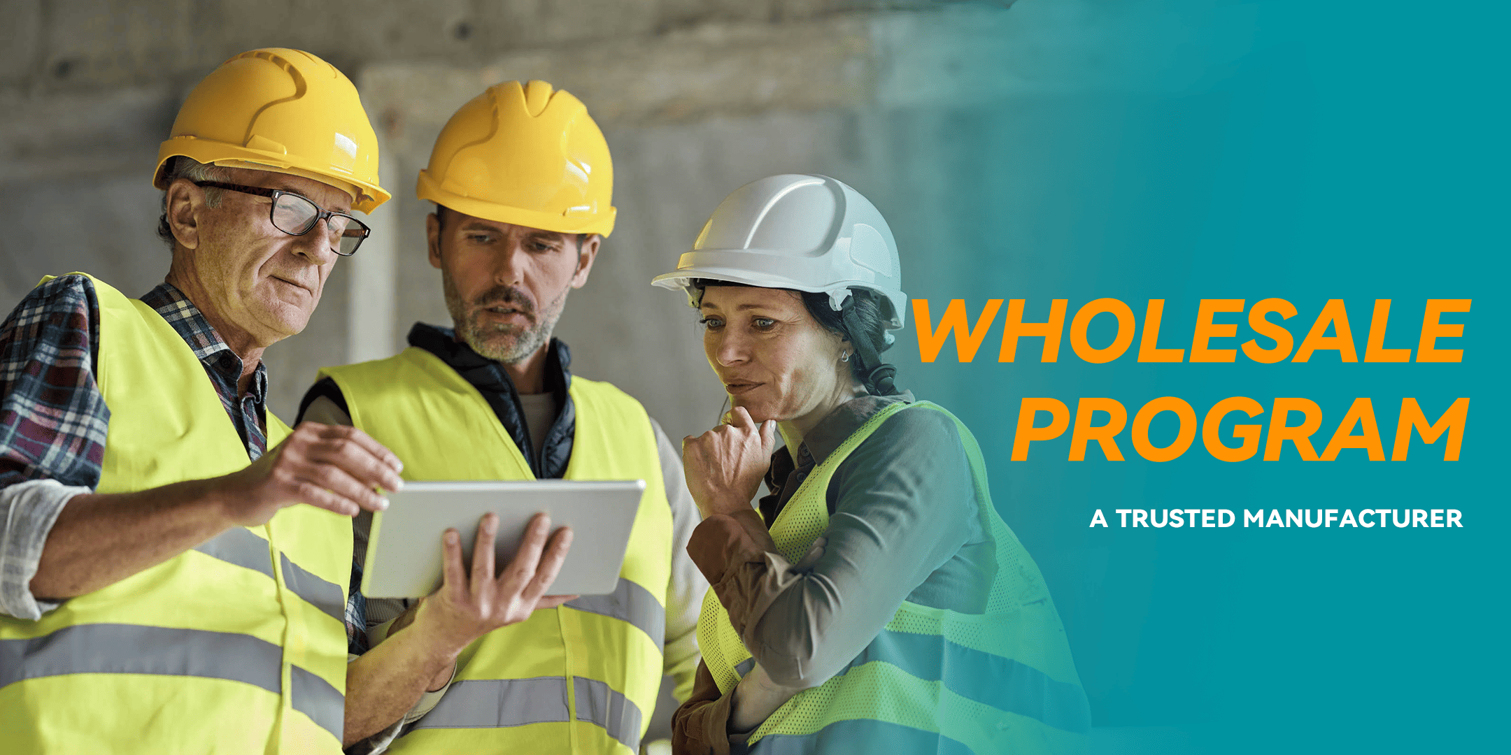 Three construction workers in safety gear are examining a tablet displaying the 'Wholesale Program' text.