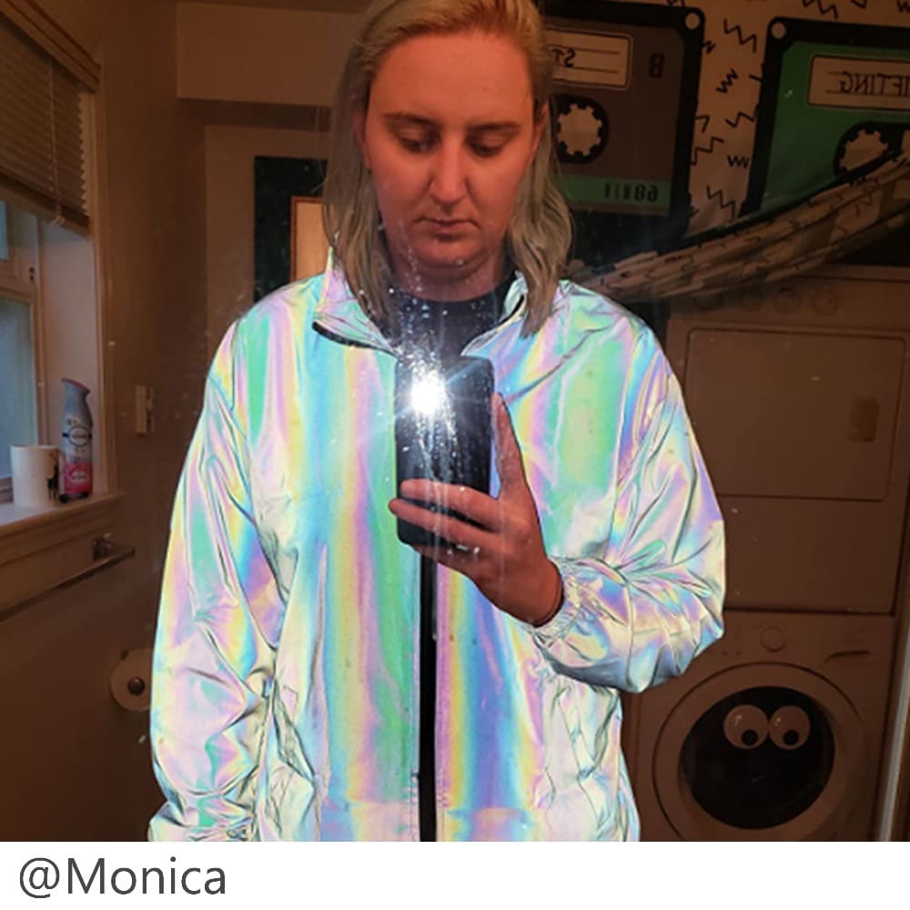 Person wearing a colorful iridescent jacket 