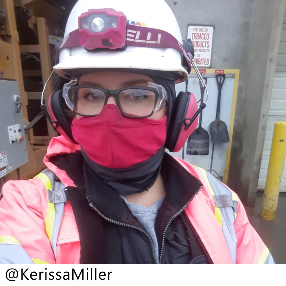 Women wearing safety gear in industrial settings, including hard hats, face shields, safety goggles, and pink safety jackets.