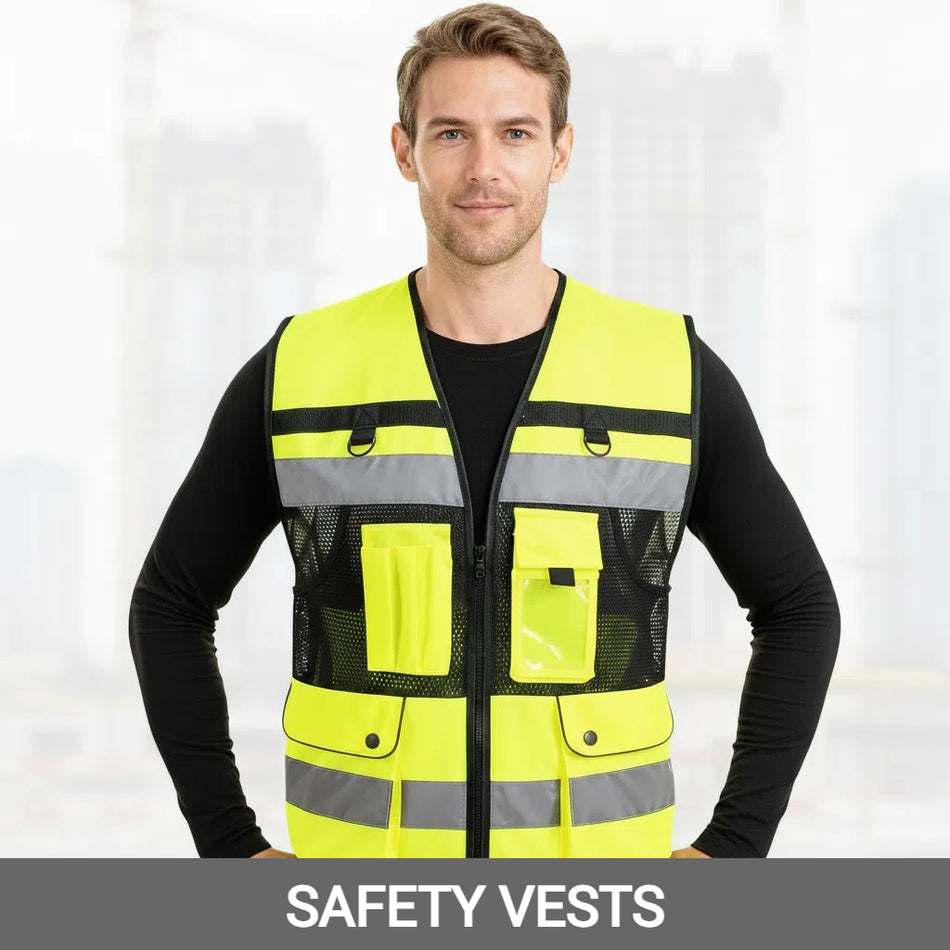 bright yellow safety vest with reflective stripes 