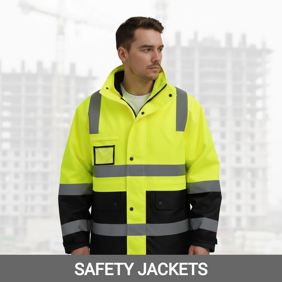 high-visibility safety jacket with reflective stripes